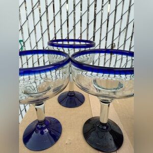 Blue Rim Margarita Glasses Mexican Hand Blown Drinking Glass Set of 3 Clear Blue